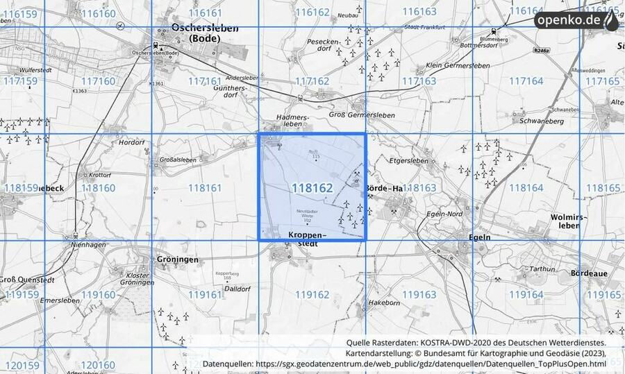 Übersichtskarte des KOSTRA-DWD-2020-Rasterfeldes Nr. 118162