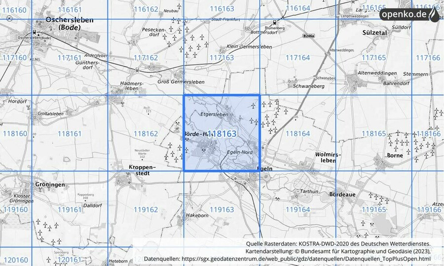 Übersichtskarte des KOSTRA-DWD-2020-Rasterfeldes Nr. 118163