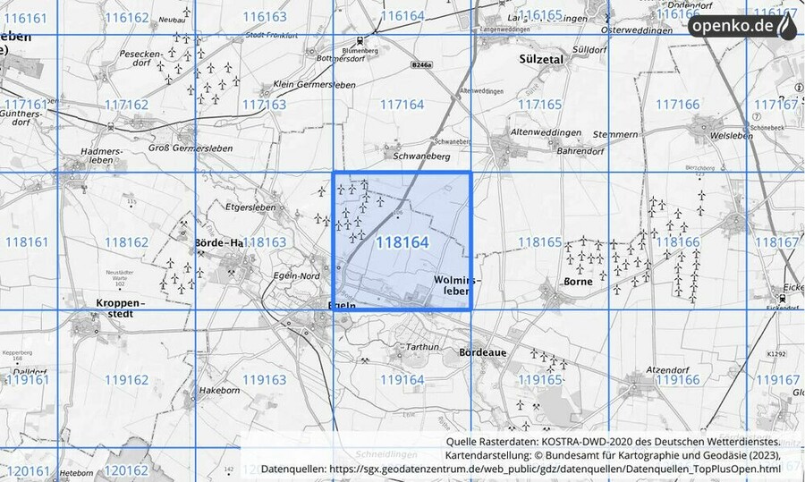 Übersichtskarte des KOSTRA-DWD-2020-Rasterfeldes Nr. 118164