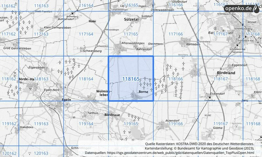 Übersichtskarte des KOSTRA-DWD-2020-Rasterfeldes Nr. 118165