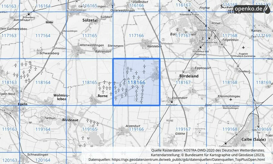 Übersichtskarte des KOSTRA-DWD-2020-Rasterfeldes Nr. 118166