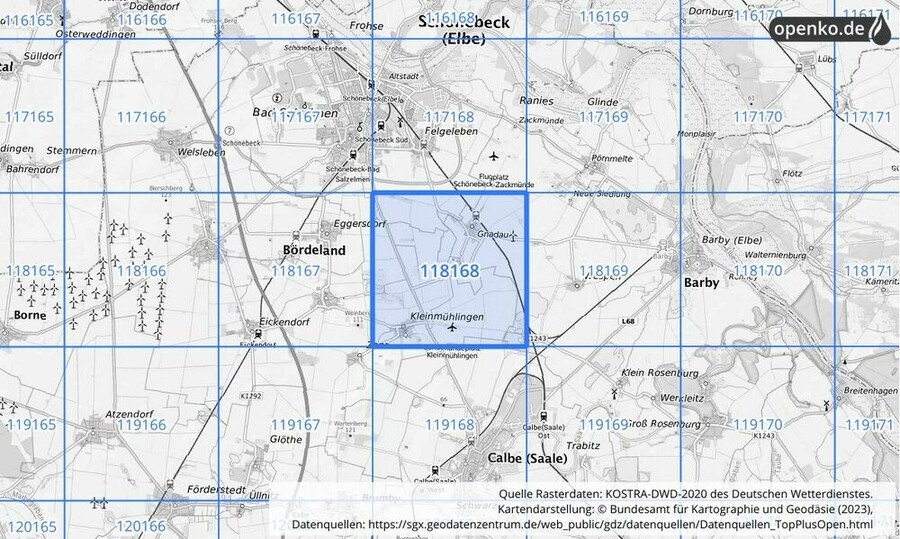 Übersichtskarte des KOSTRA-DWD-2020-Rasterfeldes Nr. 118168