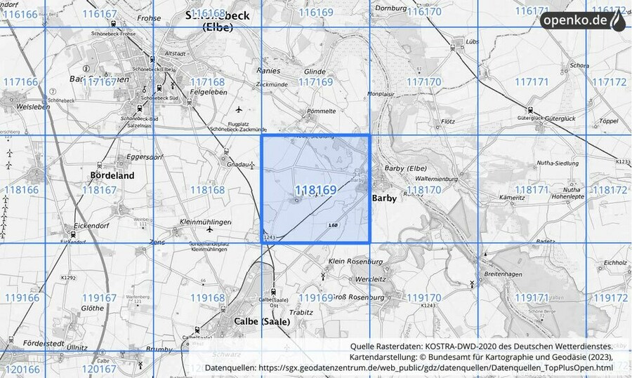 Übersichtskarte des KOSTRA-DWD-2020-Rasterfeldes Nr. 118169