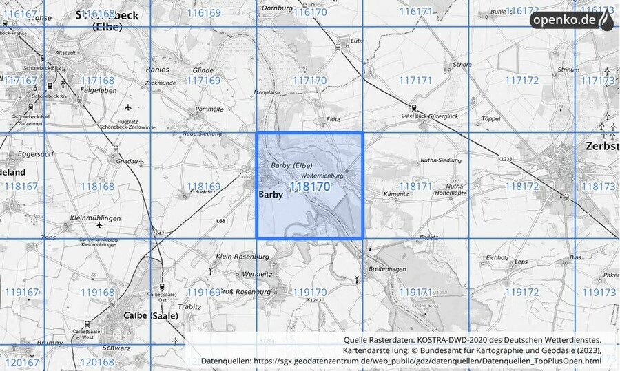 Übersichtskarte des KOSTRA-DWD-2020-Rasterfeldes Nr. 118170