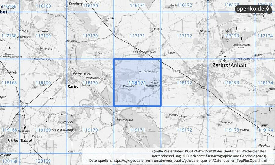 Übersichtskarte des KOSTRA-DWD-2020-Rasterfeldes Nr. 118171