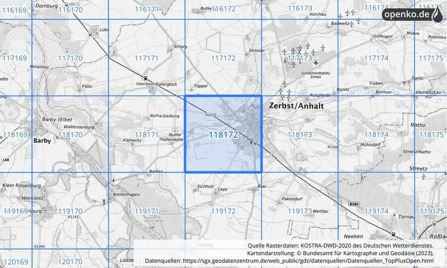 Übersichtskarte des KOSTRA-DWD-2020-Rasterfeldes Nr. 118172