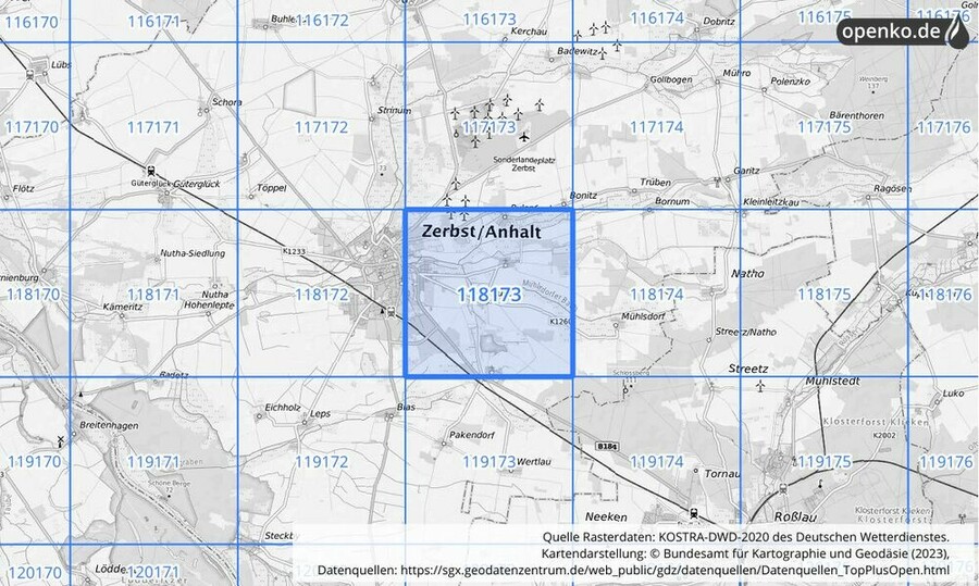 Übersichtskarte des KOSTRA-DWD-2020-Rasterfeldes Nr. 118173