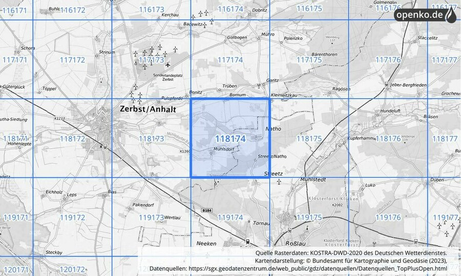 Übersichtskarte des KOSTRA-DWD-2020-Rasterfeldes Nr. 118174