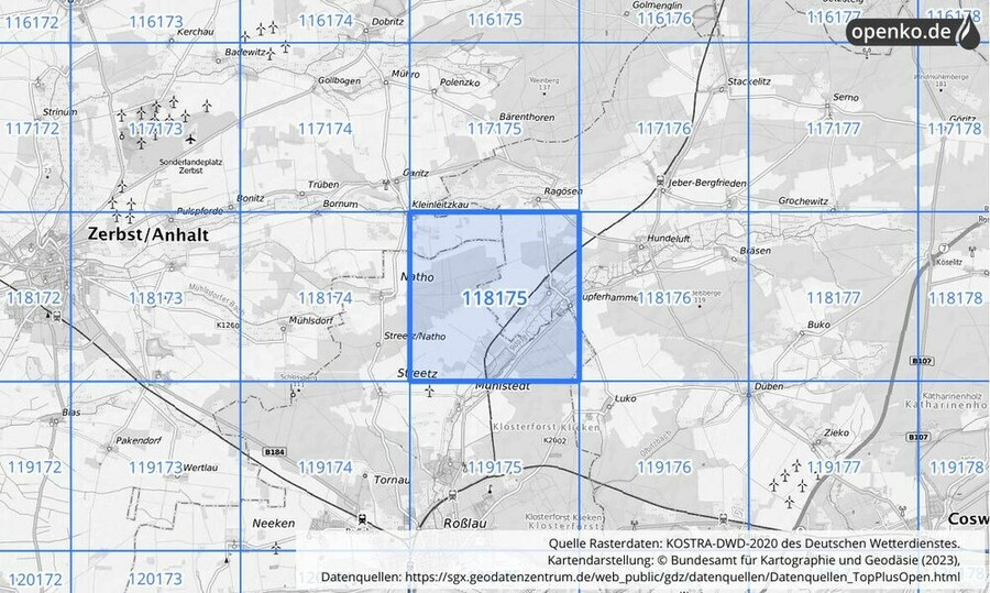 Übersichtskarte des KOSTRA-DWD-2020-Rasterfeldes Nr. 118175