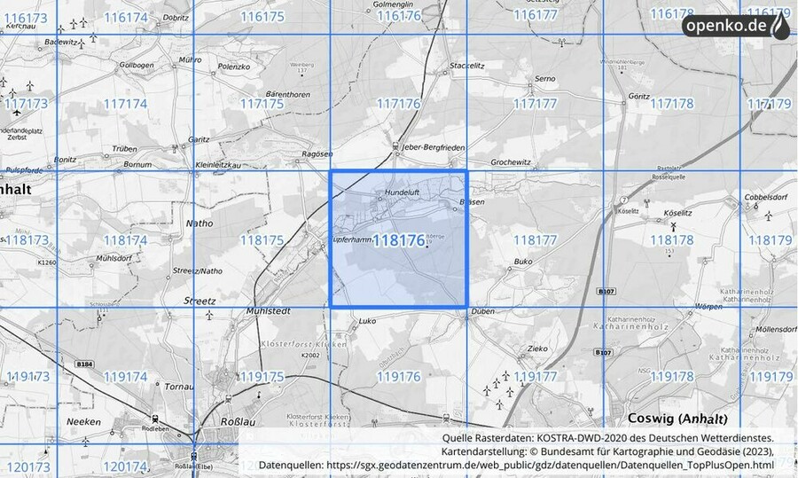 Übersichtskarte des KOSTRA-DWD-2020-Rasterfeldes Nr. 118176