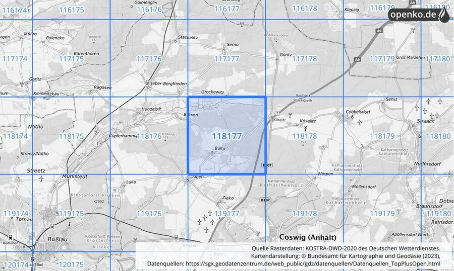 Übersichtskarte des KOSTRA-DWD-2020-Rasterfeldes Nr. 118177