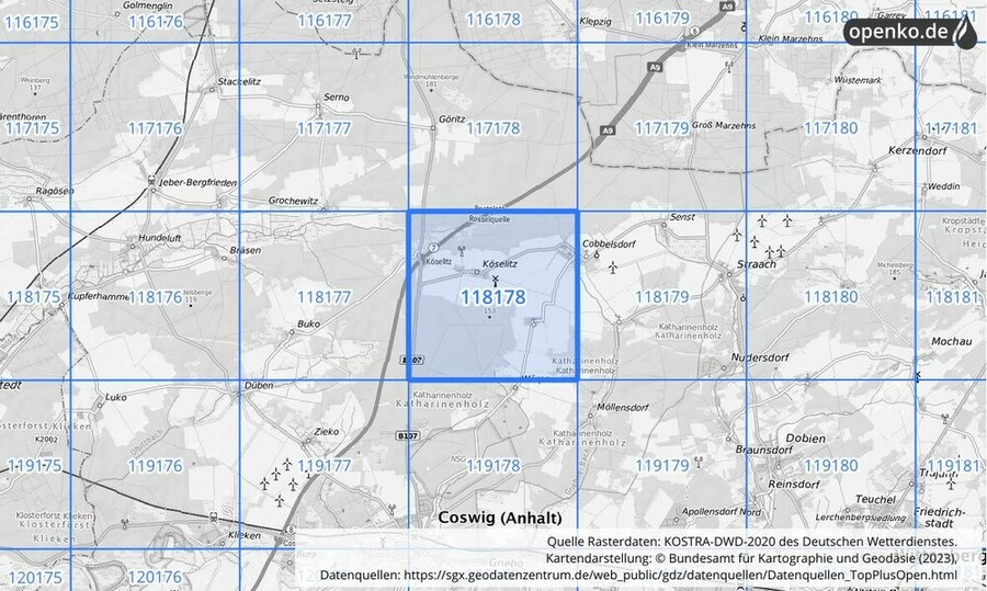 Übersichtskarte des KOSTRA-DWD-2020-Rasterfeldes Nr. 118178