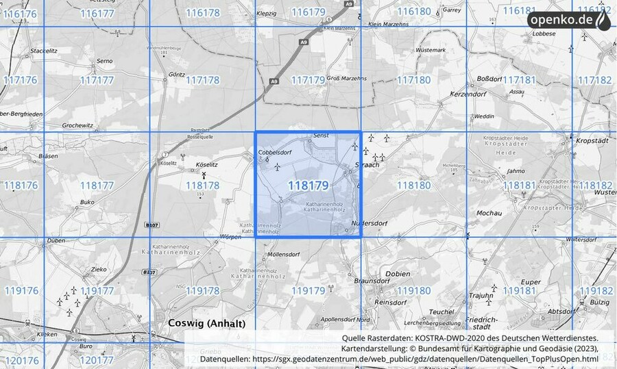Übersichtskarte des KOSTRA-DWD-2020-Rasterfeldes Nr. 118179