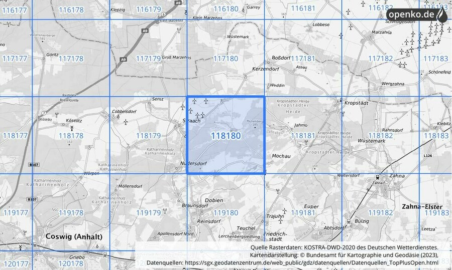 Übersichtskarte des KOSTRA-DWD-2020-Rasterfeldes Nr. 118180