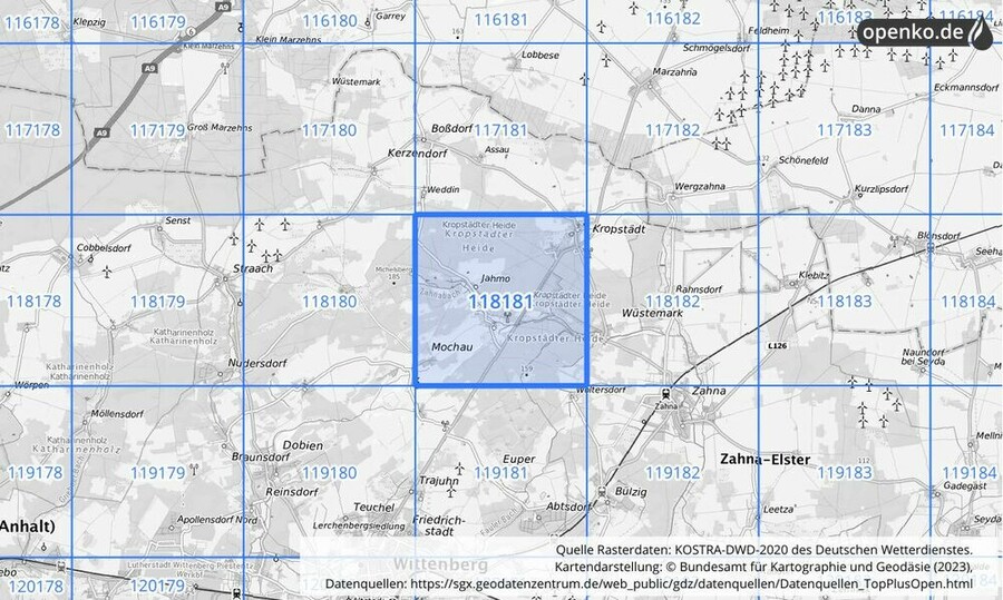 Übersichtskarte des KOSTRA-DWD-2020-Rasterfeldes Nr. 118181