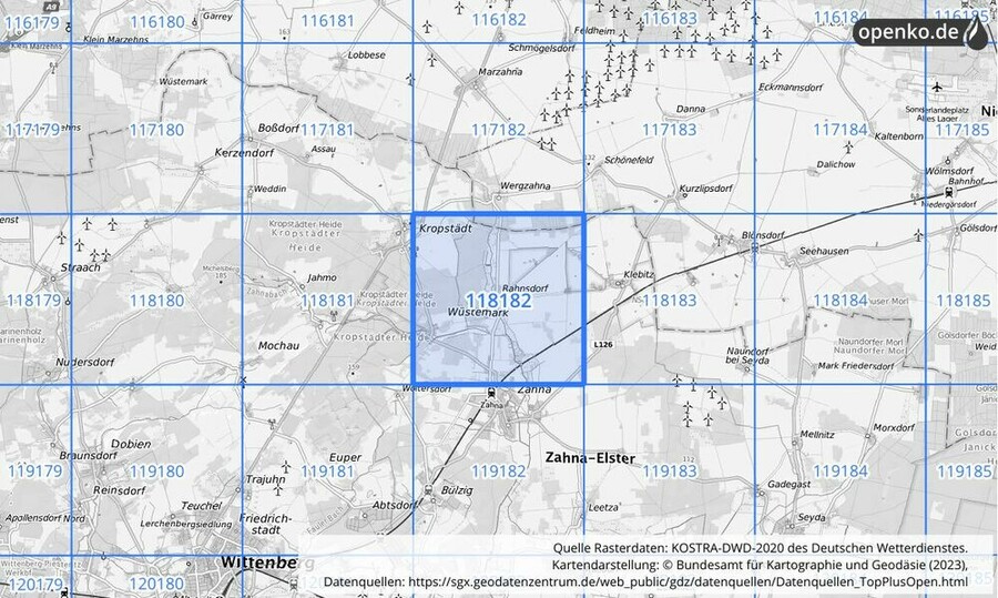 Übersichtskarte des KOSTRA-DWD-2020-Rasterfeldes Nr. 118182