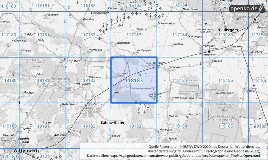 Übersichtskarte des KOSTRA-DWD-2020-Rasterfeldes Nr. 118183