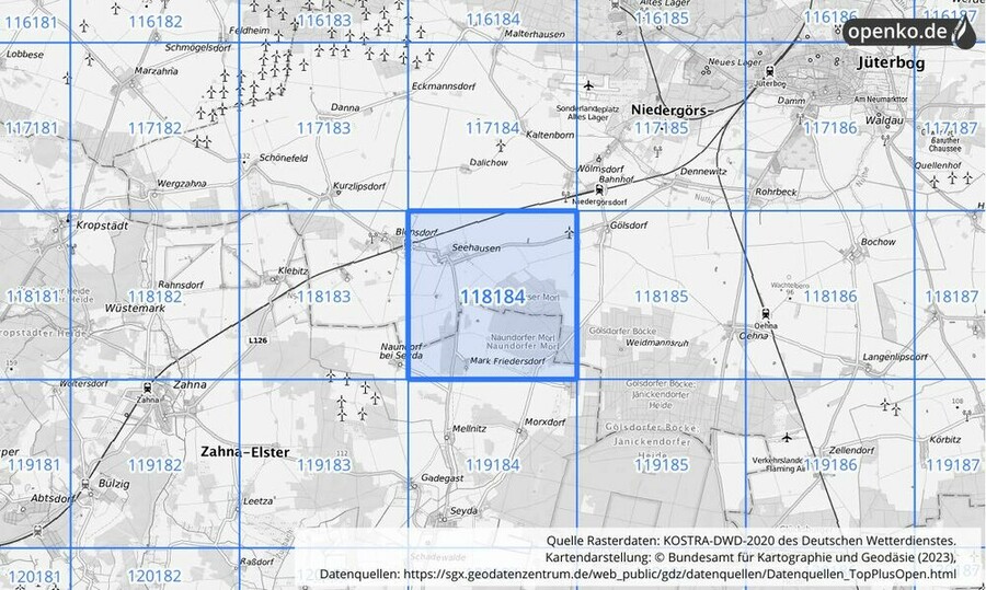 Übersichtskarte des KOSTRA-DWD-2020-Rasterfeldes Nr. 118184