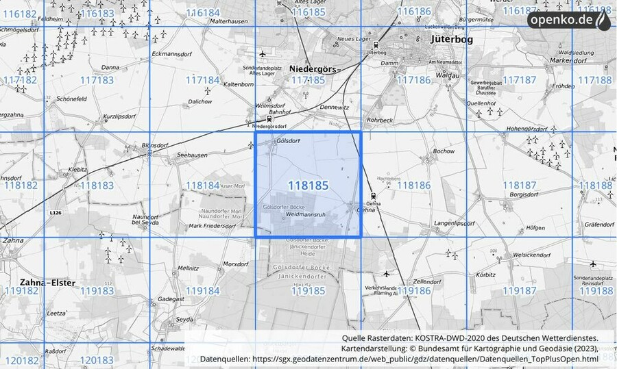 Übersichtskarte des KOSTRA-DWD-2020-Rasterfeldes Nr. 118185