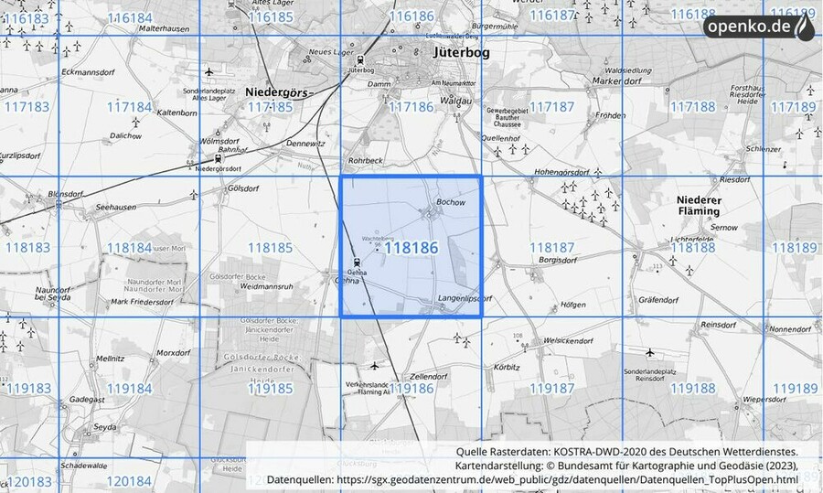 Übersichtskarte des KOSTRA-DWD-2020-Rasterfeldes Nr. 118186