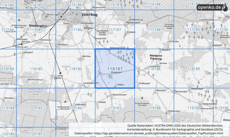 Übersichtskarte des KOSTRA-DWD-2020-Rasterfeldes Nr. 118187