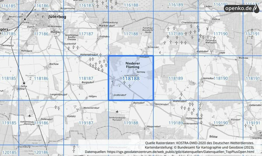 Übersichtskarte des KOSTRA-DWD-2020-Rasterfeldes Nr. 118188