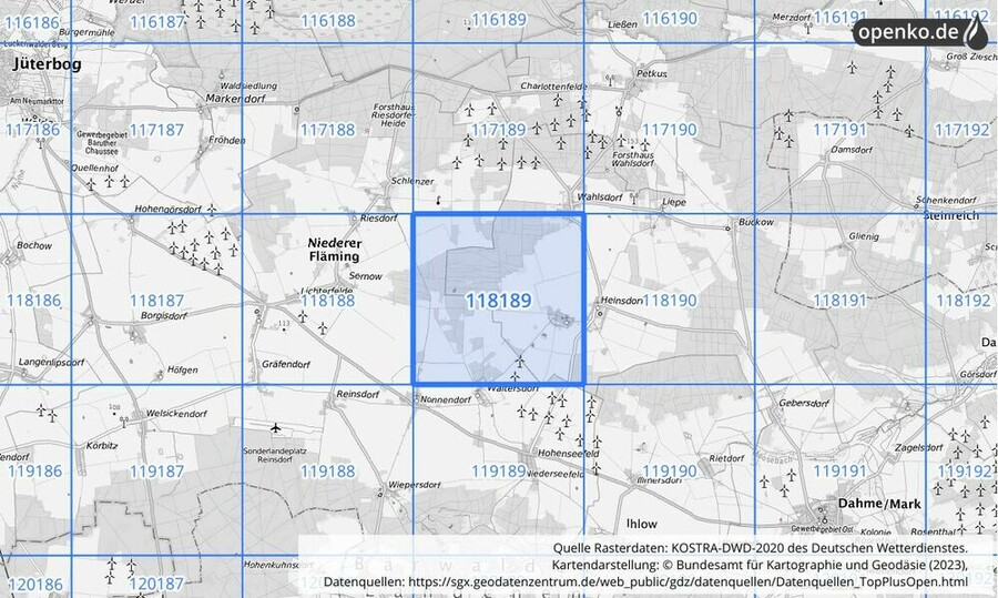 Übersichtskarte des KOSTRA-DWD-2020-Rasterfeldes Nr. 118189