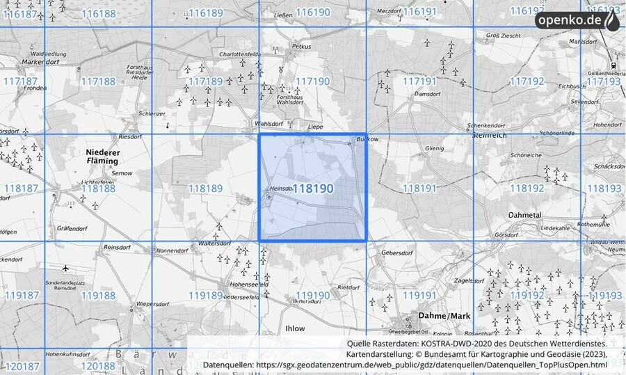 Übersichtskarte des KOSTRA-DWD-2020-Rasterfeldes Nr. 118190