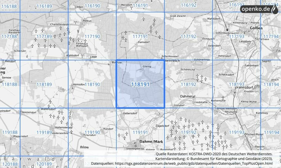 Übersichtskarte des KOSTRA-DWD-2020-Rasterfeldes Nr. 118191