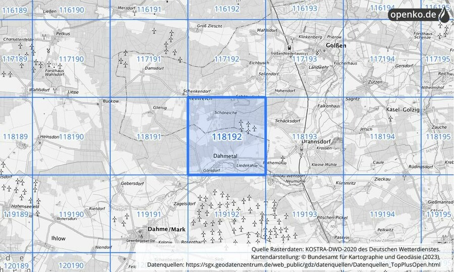 Übersichtskarte des KOSTRA-DWD-2020-Rasterfeldes Nr. 118192