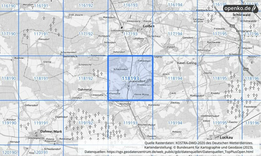 Übersichtskarte des KOSTRA-DWD-2020-Rasterfeldes Nr. 118193