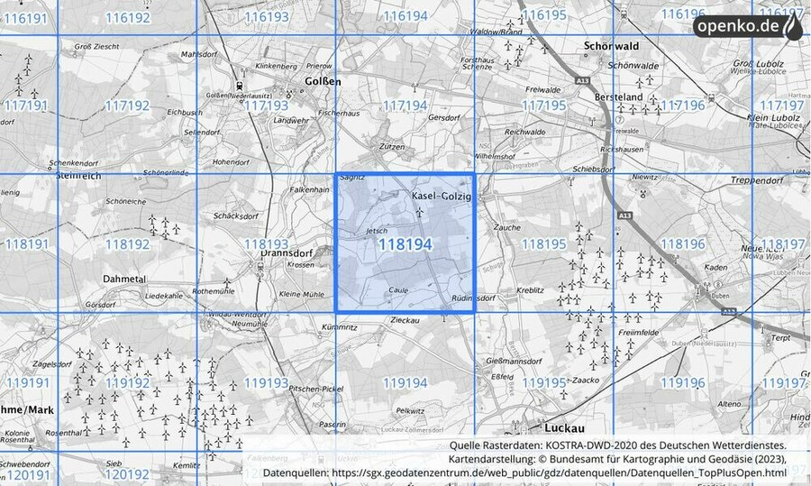 Übersichtskarte des KOSTRA-DWD-2020-Rasterfeldes Nr. 118194