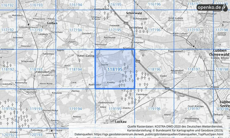 Übersichtskarte des KOSTRA-DWD-2020-Rasterfeldes Nr. 118195