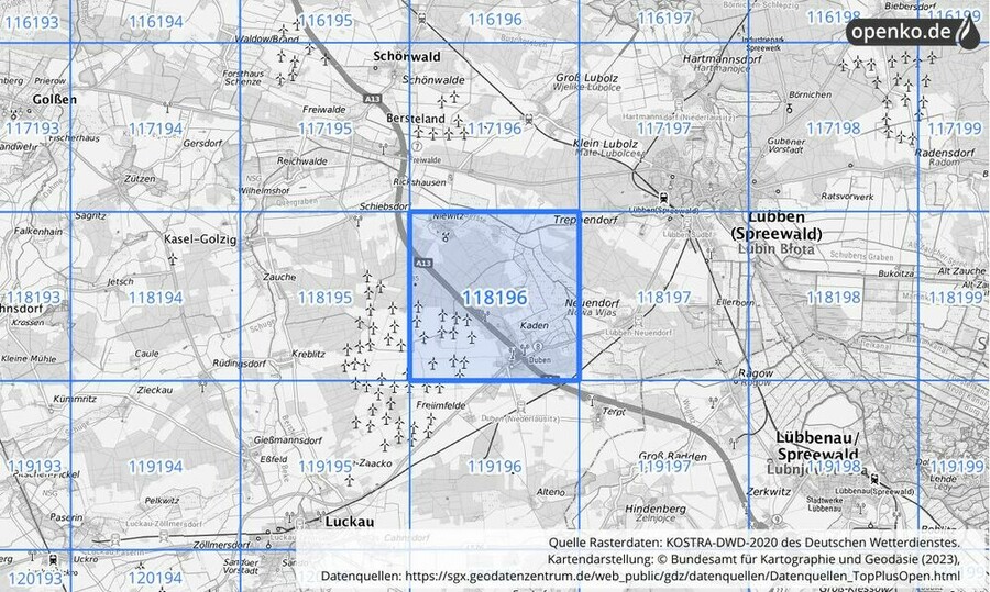 Übersichtskarte des KOSTRA-DWD-2020-Rasterfeldes Nr. 118196