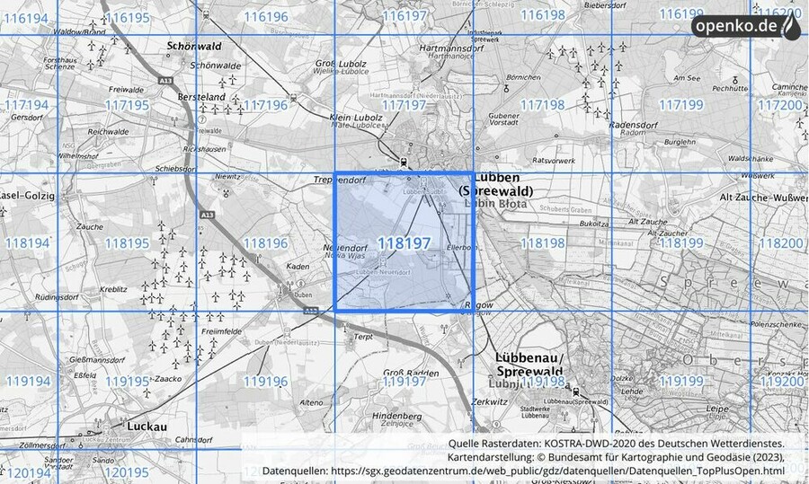 Übersichtskarte des KOSTRA-DWD-2020-Rasterfeldes Nr. 118197