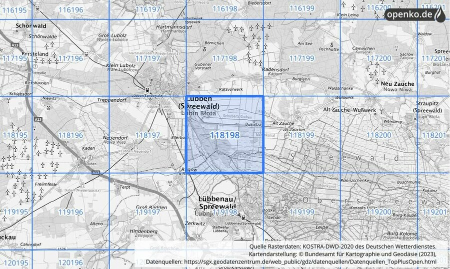 Übersichtskarte des KOSTRA-DWD-2020-Rasterfeldes Nr. 118198