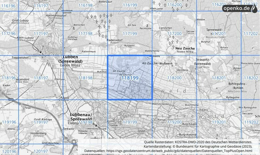 Übersichtskarte des KOSTRA-DWD-2020-Rasterfeldes Nr. 118199