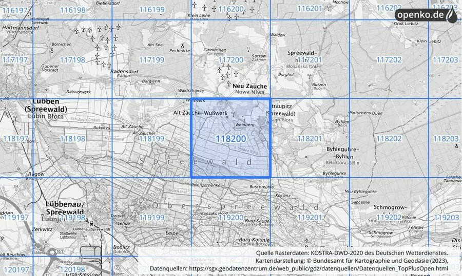 Übersichtskarte des KOSTRA-DWD-2020-Rasterfeldes Nr. 118200