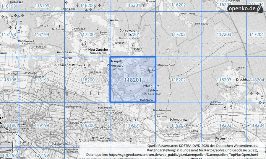 Übersichtskarte des KOSTRA-DWD-2020-Rasterfeldes Nr. 118201