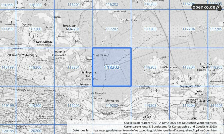 Übersichtskarte des KOSTRA-DWD-2020-Rasterfeldes Nr. 118202