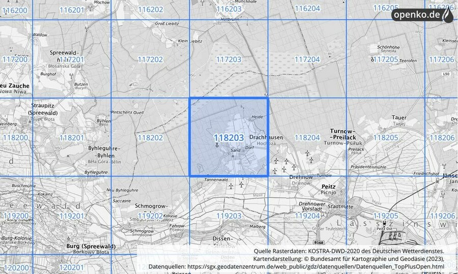 Übersichtskarte des KOSTRA-DWD-2020-Rasterfeldes Nr. 118203