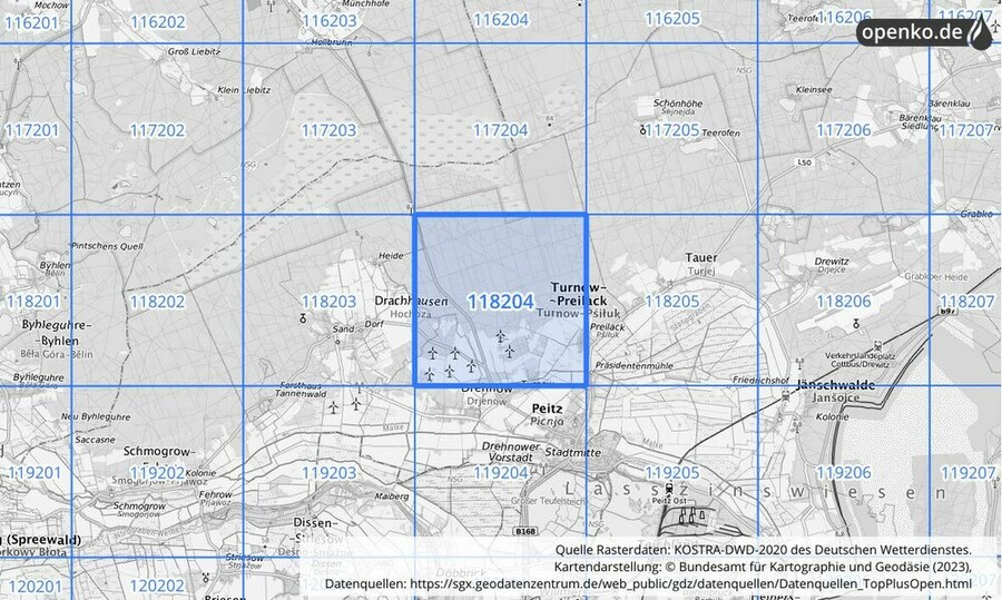 Übersichtskarte des KOSTRA-DWD-2020-Rasterfeldes Nr. 118204