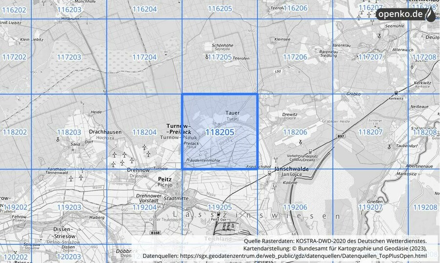 Übersichtskarte des KOSTRA-DWD-2020-Rasterfeldes Nr. 118205