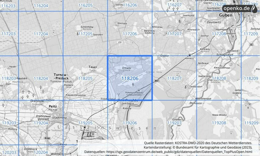 Übersichtskarte des KOSTRA-DWD-2020-Rasterfeldes Nr. 118206