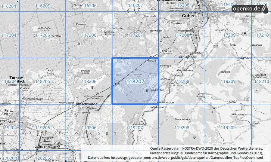 Übersichtskarte des KOSTRA-DWD-2020-Rasterfeldes Nr. 118207