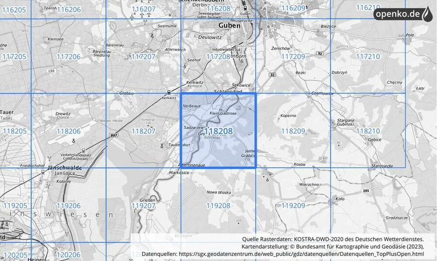 Übersichtskarte des KOSTRA-DWD-2020-Rasterfeldes Nr. 118208