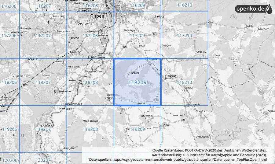 Übersichtskarte des KOSTRA-DWD-2020-Rasterfeldes Nr. 118209