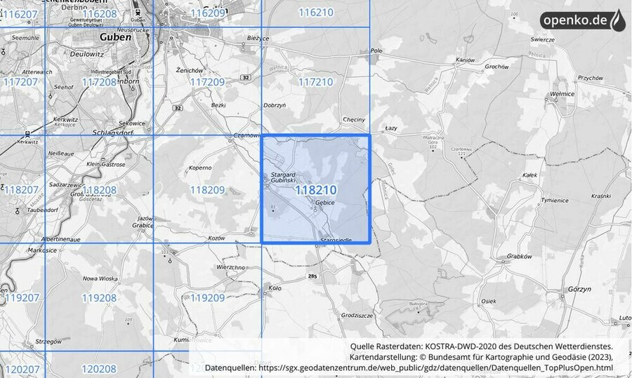 Übersichtskarte des KOSTRA-DWD-2020-Rasterfeldes Nr. 118210