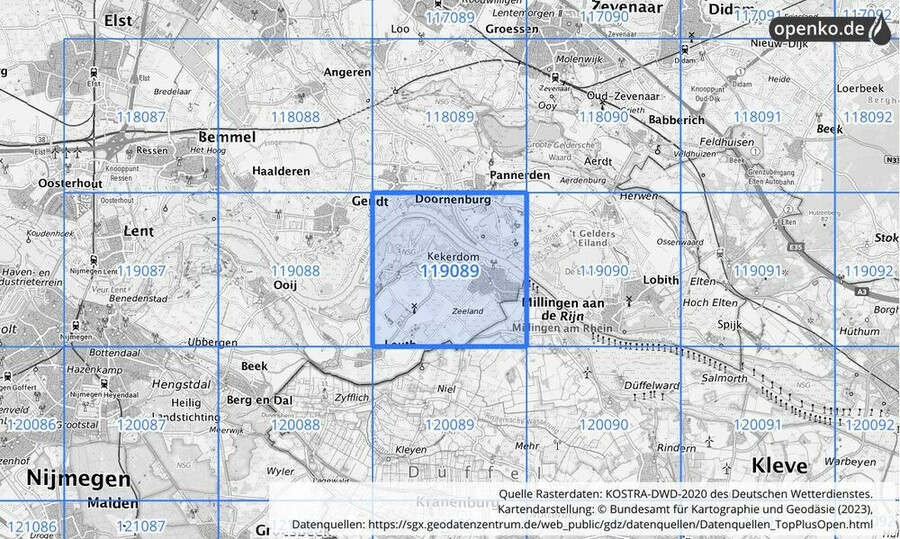 Übersichtskarte des KOSTRA-DWD-2020-Rasterfeldes Nr. 119089