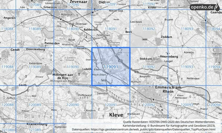 Übersichtskarte des KOSTRA-DWD-2020-Rasterfeldes Nr. 119091